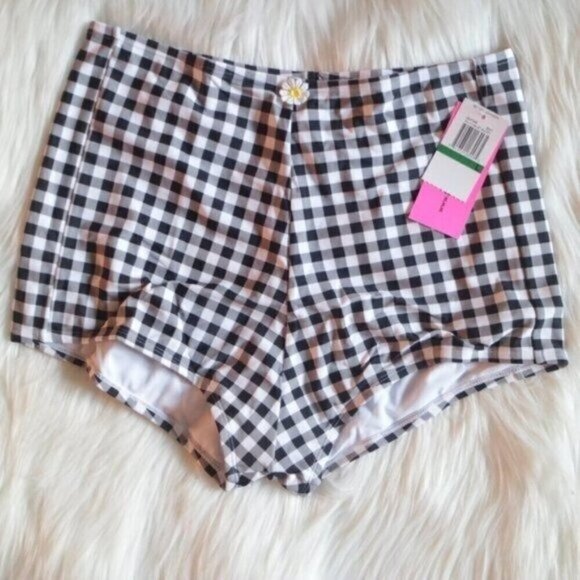 NWT Betsey Johnson Black White High Waisted Boy-Short Bikini Bottoms Size Large - Picture 2 of 8